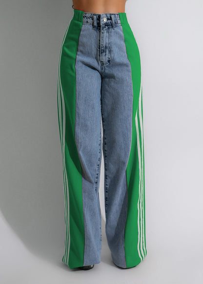 Modieuze Casual Hoge Taille Elastische Broek met Patchwork en Wijde Pijpen in Denim Streetwear Stijl - PrizQ